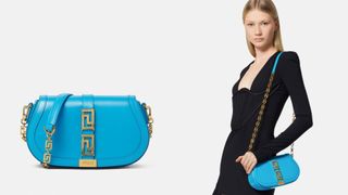 composite of flat lay and model wearing Versace Greca Goddess Bag in blue