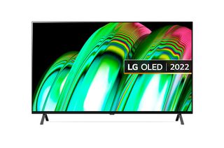 El televisor LG A2 OLED mostrando un motivo abstracto verde y rosa