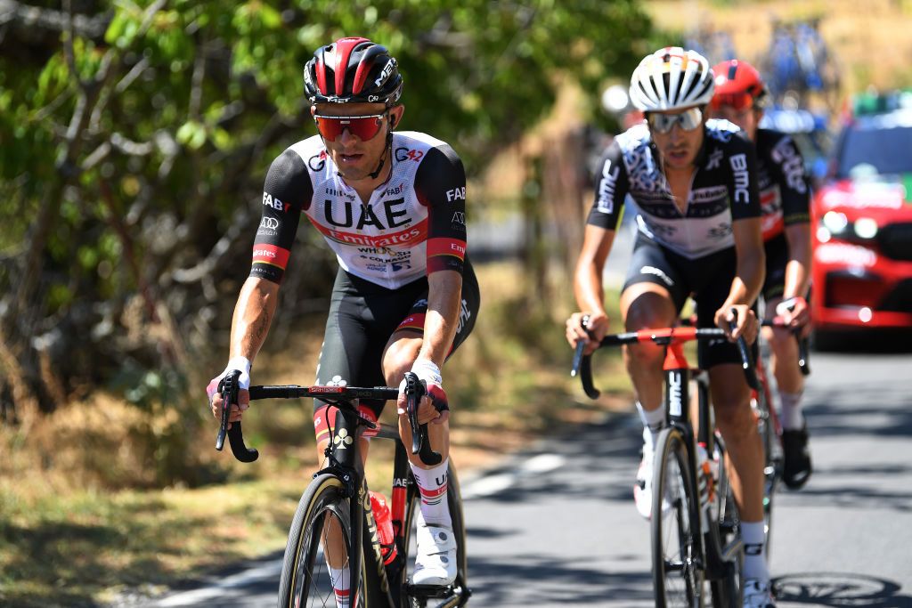 EL BARRACO SPAIN AUGUST 29 Rafal Majka of Poland and UAE Team Emirates competes in the breakaway during the 76th Tour of Spain 2021 Stage 15 a 1975km km stage from Navalmoral de la Mata to El Barraco lavuelta LaVuelta21 on August 29 2021 in El Barraco Spain Photo by Tim de WaeleGetty Images