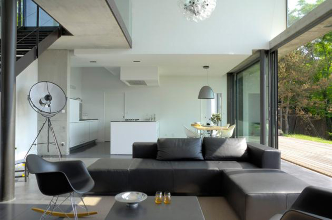 Interior design of living room with L shaped sofa