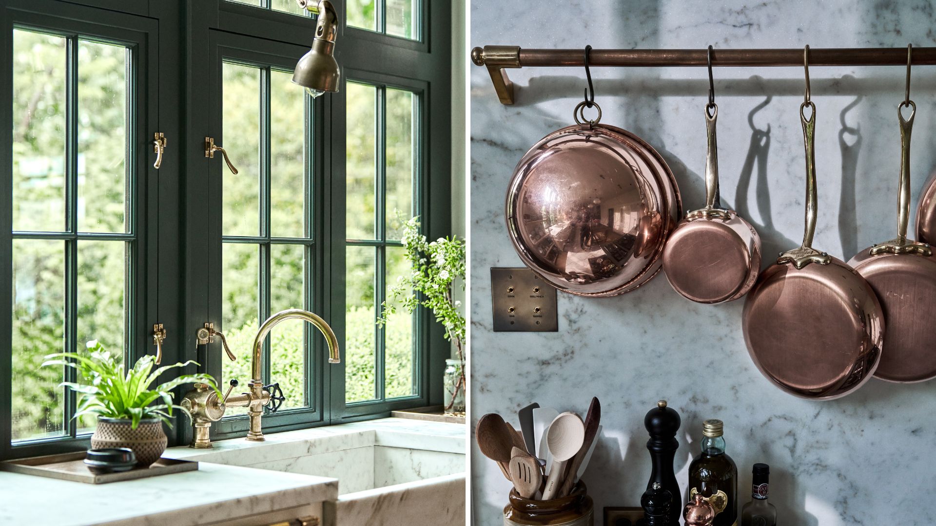 two images showing a marble sink with brass tap on the left and a hanging rail with copper pans on the right