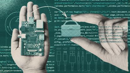 Photo collage of a hand holding a Raspberry Pi and another hand with a doll handbag.