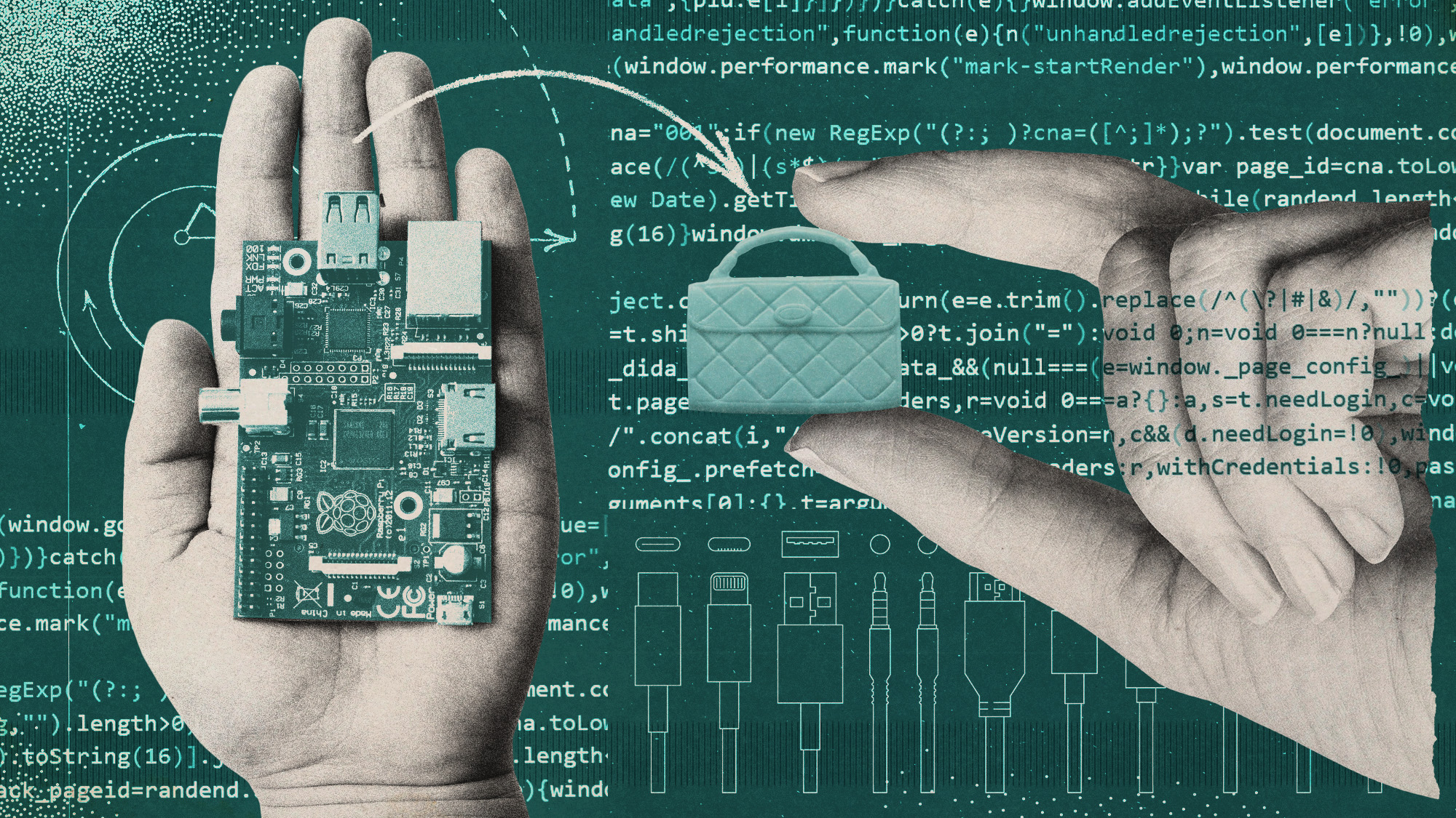 Photo collage of a hand holding a Raspberry Pi and another hand with a doll handbag.