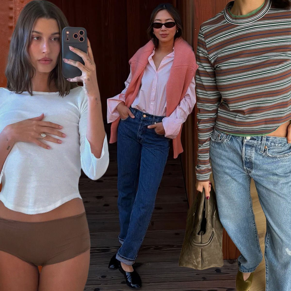 a collage of influencer, celebrity, and runway imagery featuring the biggest spring 2026 top trends