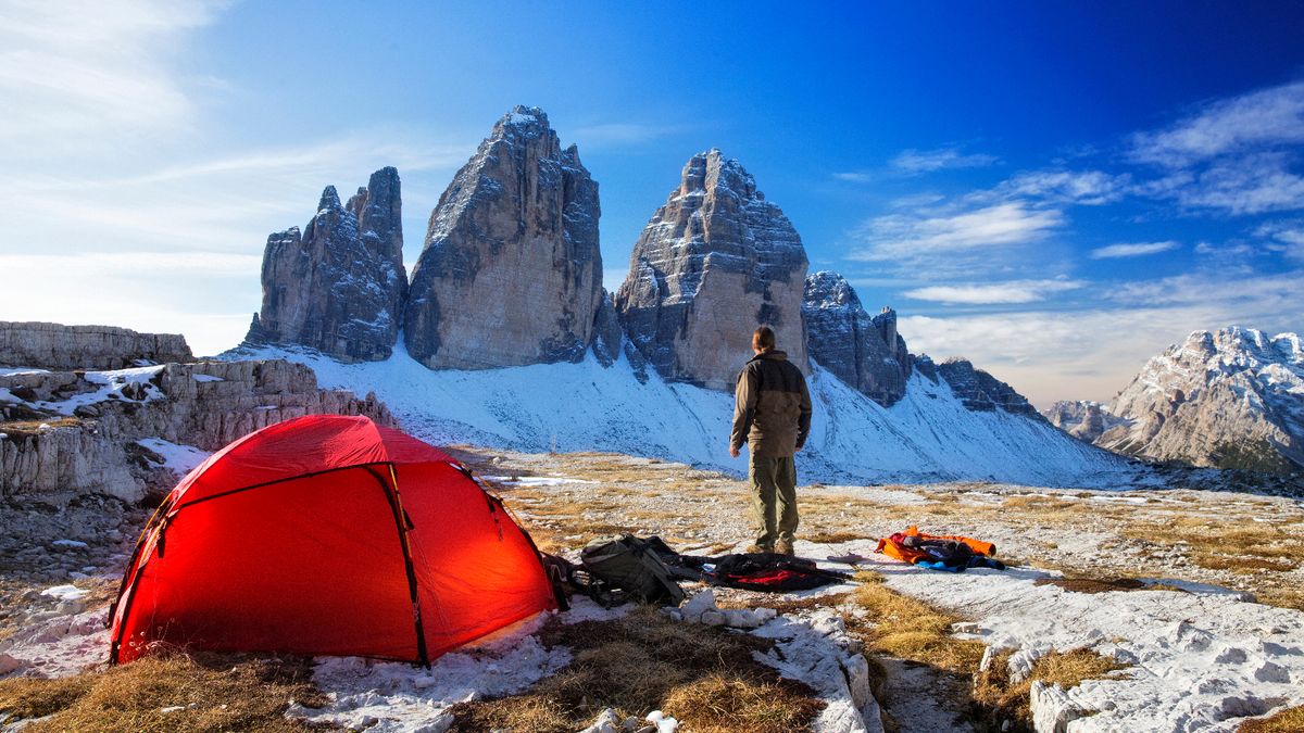 A tent pitched on a mountain range