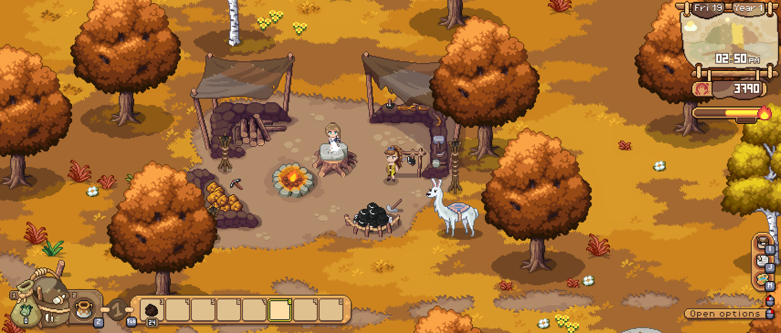 Roots of Pacha - A player stands near Acre's workstation in the autumn.