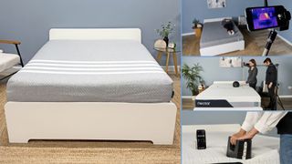 A collage of memory foam mattresses. On the left, the Leesa Original Memory Foam mattress in the Tom's Guide sleep studio. On the right, from top: someone lying on the Siena Signature mattress being filmed by a thermal cam; two testers drop a slam ball onto the Nectar Classic to test motion isolation; a close up of a weight being placed on the edge of a foam mattress