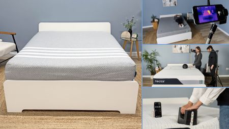 A collage of memory foam mattresses. On the left, the Leesa Original Memory Foam mattress in the Tom's Guide sleep studio. On the right, from top: someone lying on the Siena Signature mattress being filmed by a thermal cam; two testers drop a slam ball onto the Nectar Classic to test motion isolation; a close up of a weight being placed on the edge of a foam mattress