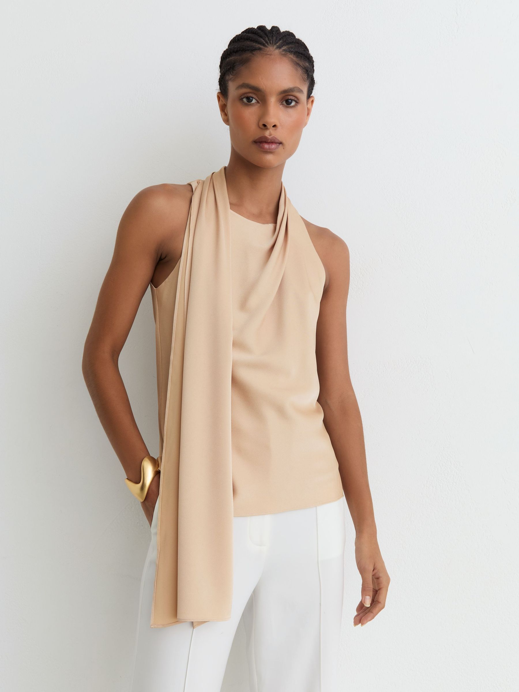 Draped Scarf-Detail Sleeveless Top in Neutral - Size 4