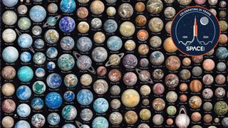 A ton of exoplanets, many of them resembling Earth, are illustrated in front of a black screen. On the top right, there's a Space.com anniversary badge.