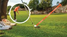 Gary Munro demonstrating a drill to prevent shanking the ball when chipping, with a picture of gary addressing the ball at the heel (with a line saying shank)