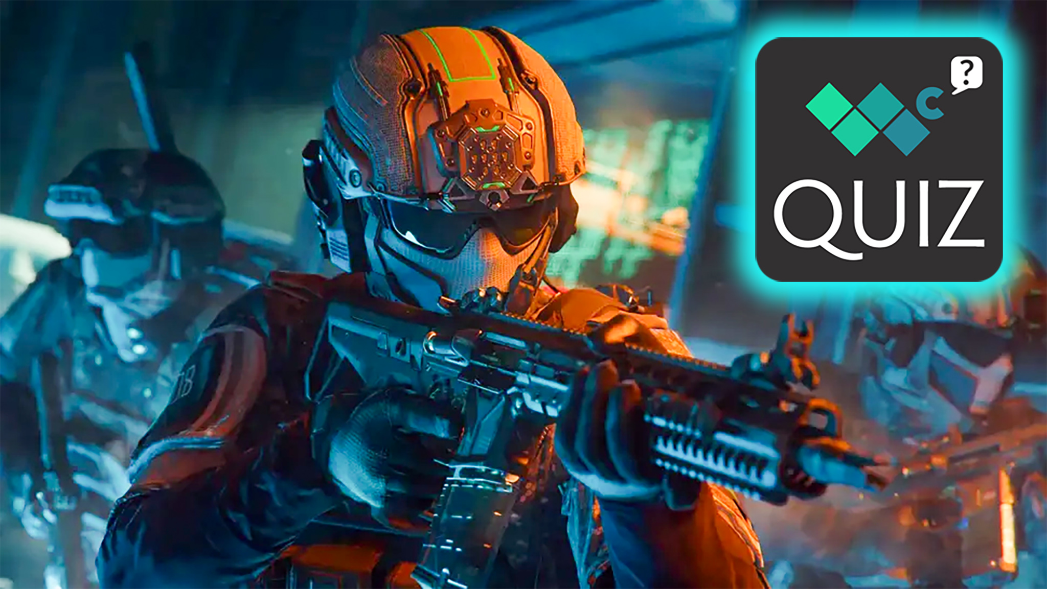 A promotional image from Call of Duty Black Ops 7 showing a helmeted soldier holding a gun. In the upper right corner is a graphic with the Windows Central logo and the word &quot;Quiz.&quot;