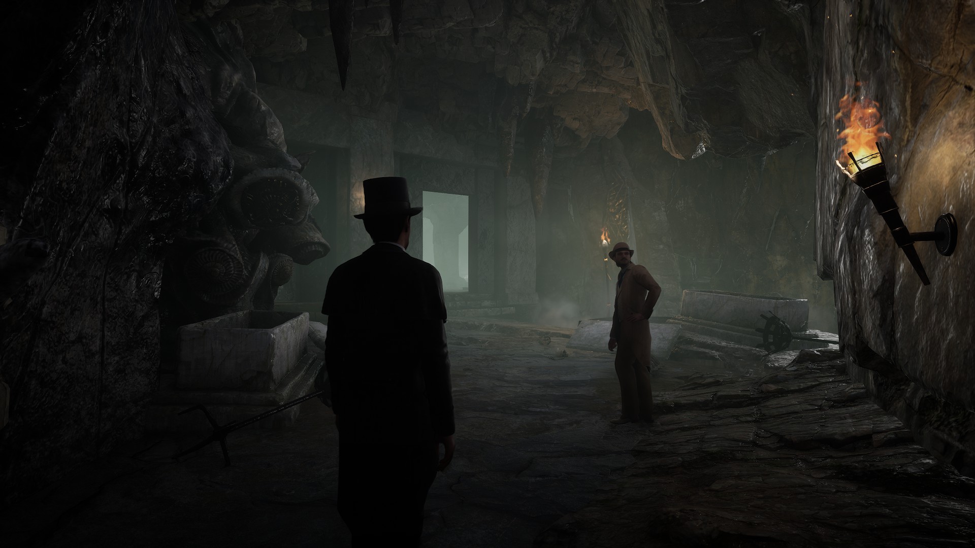 Sherlock and Watson investigate a Lovecraftian underground chamber in Sherlock Holmes: The Awakened.