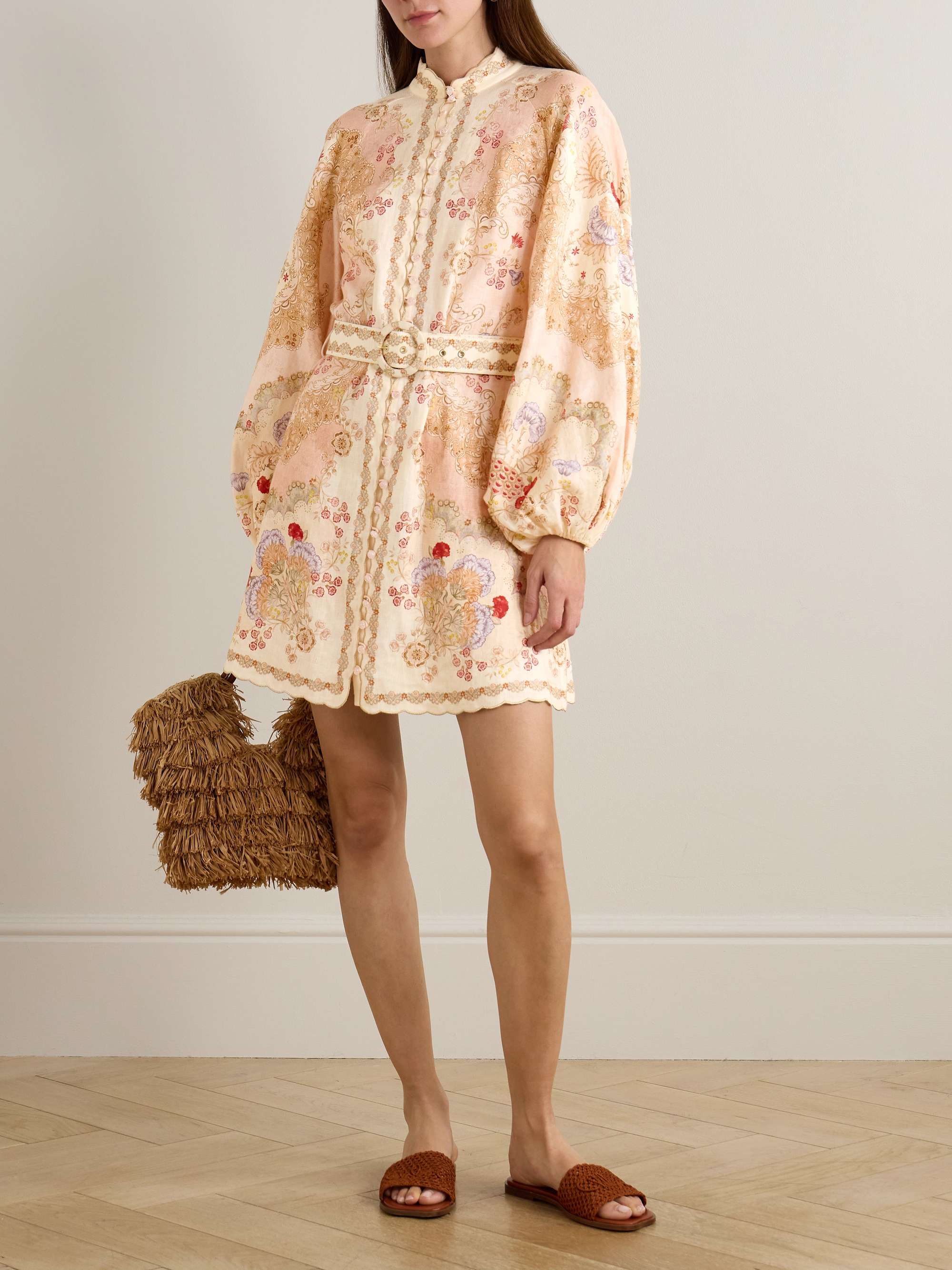 Daylight Belted Scalloped Printed Linen Mini Dress