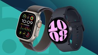 Paras älykello Apple Watch Ultra ja Samsung Galaxy Watch 6 vaaleanvihreällä TechRadar-taustalla