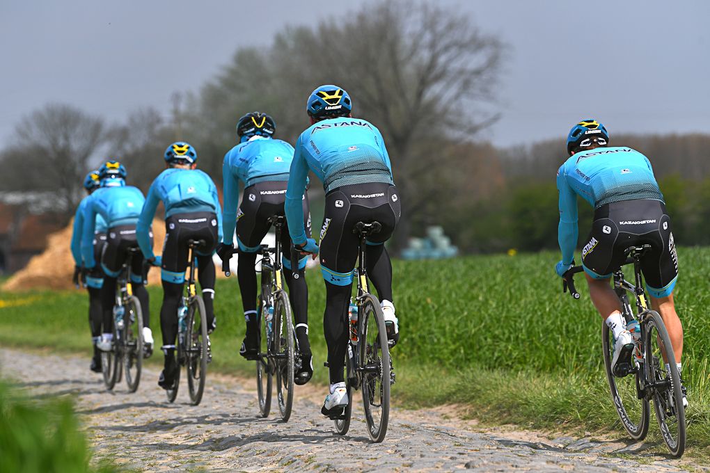 Astana riders get in some kilometres on the Paris-Roubaix cobbles.