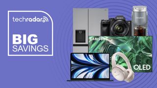 MacBook, LG fridge, bose headphones, Samsung OLED TV and Sony camera on a purple background
