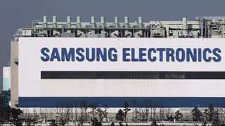 A large semiconductor factory, with the words SAMSUNG ELECTRONICS on the side