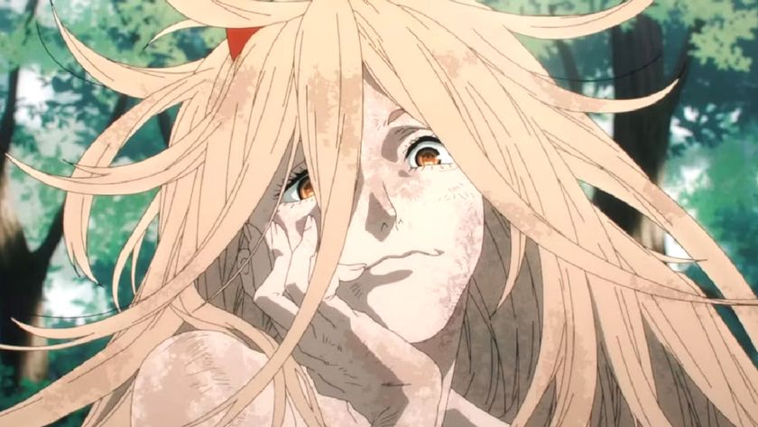 Best Crunchyroll anime: Power in season 1 of Chainsaw Man smirking while also covered in dirt. 