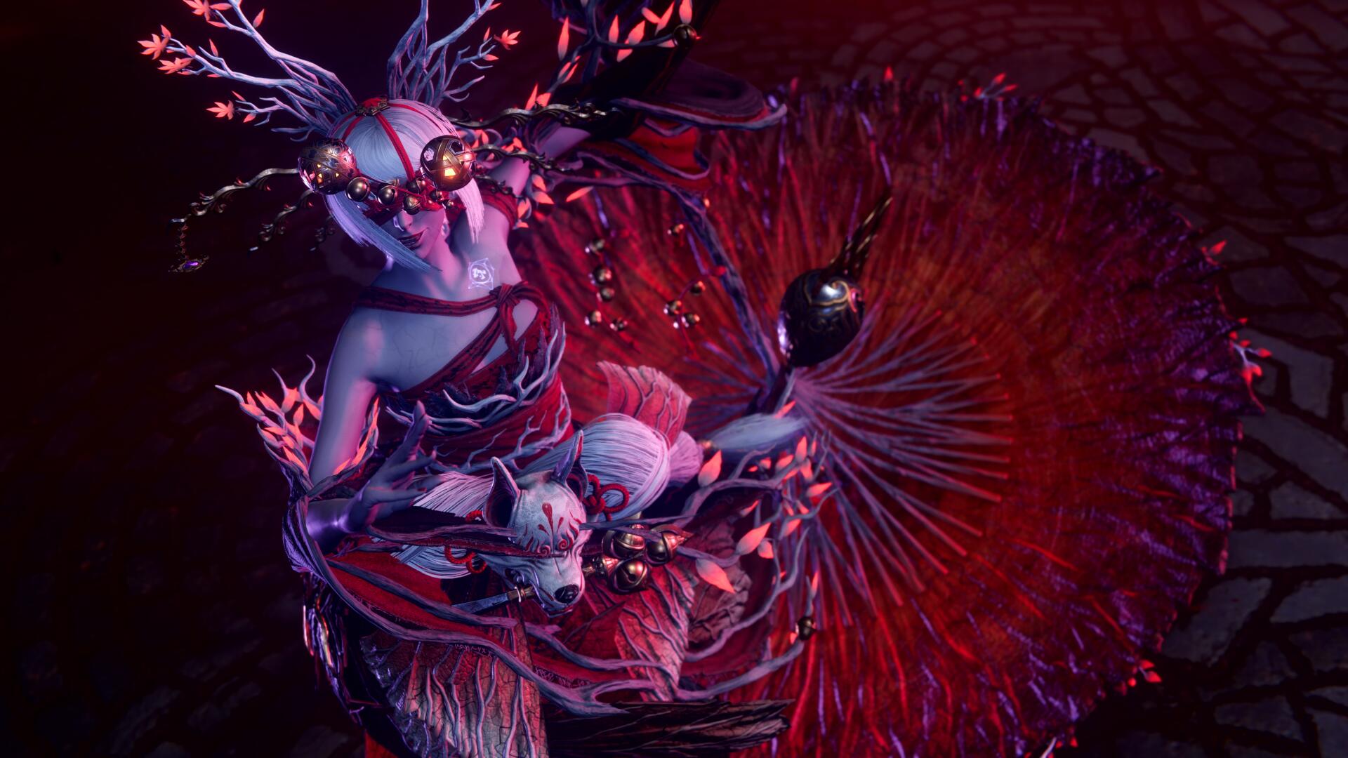 The courtesan daemon boss in Ninja Gaiden 4, covered in red growths with an organic looking parsol