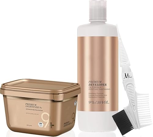 Blondeme Lightener 9+ Premium Bleach 450 Grams, Blonde Me Developer 9% / 30 Vol 1 Liter and M Hair Designs Tint Brush Comb (bundle)