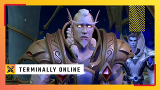 Arator from World of Warcraft stands shellshocked, as part of an image for an issue of PC Gamer's Terminally Online.