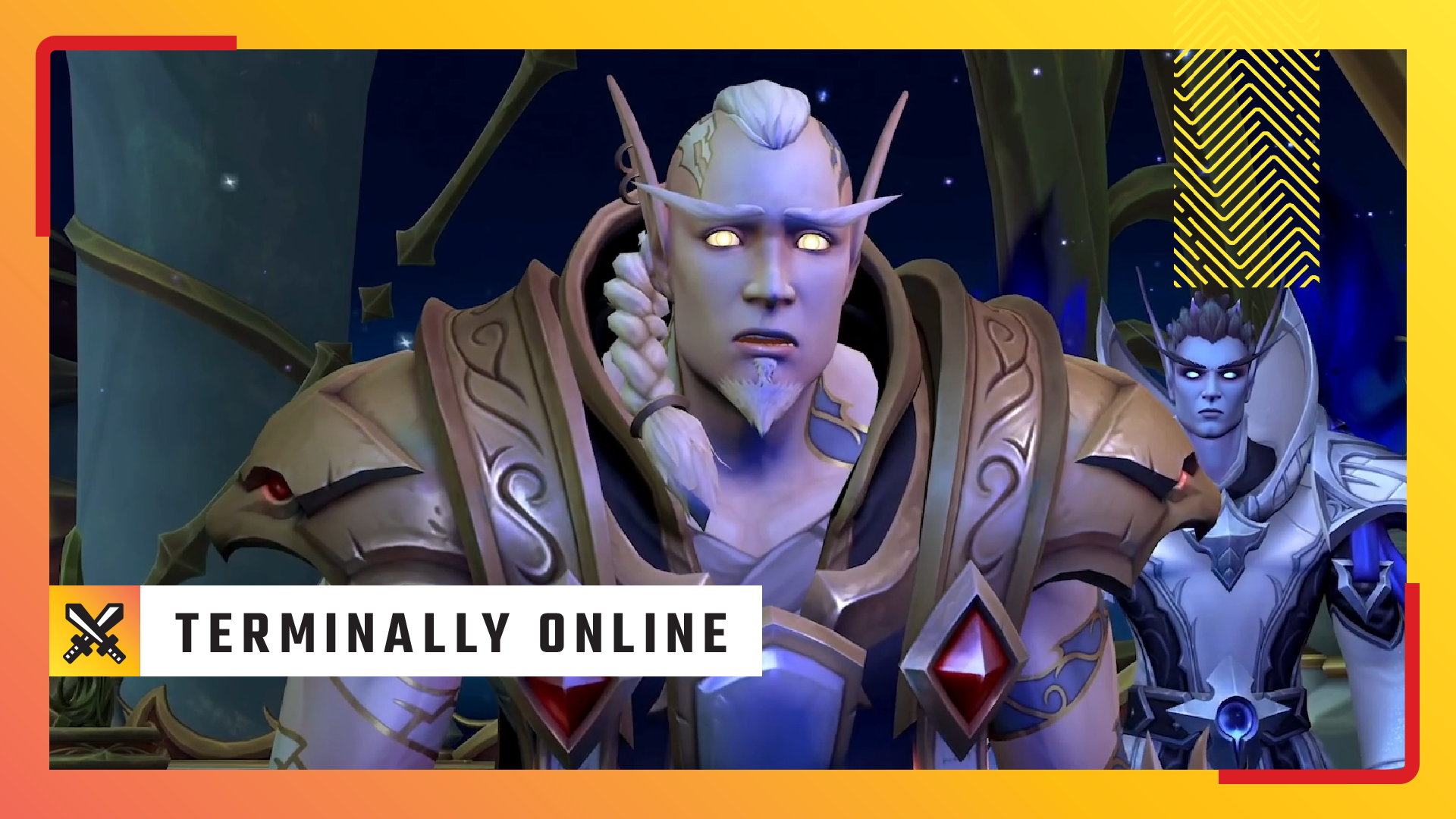 Arator from World of Warcraft stands shellshocked, as part of an image for an issue of PC Gamer's Terminally Online.