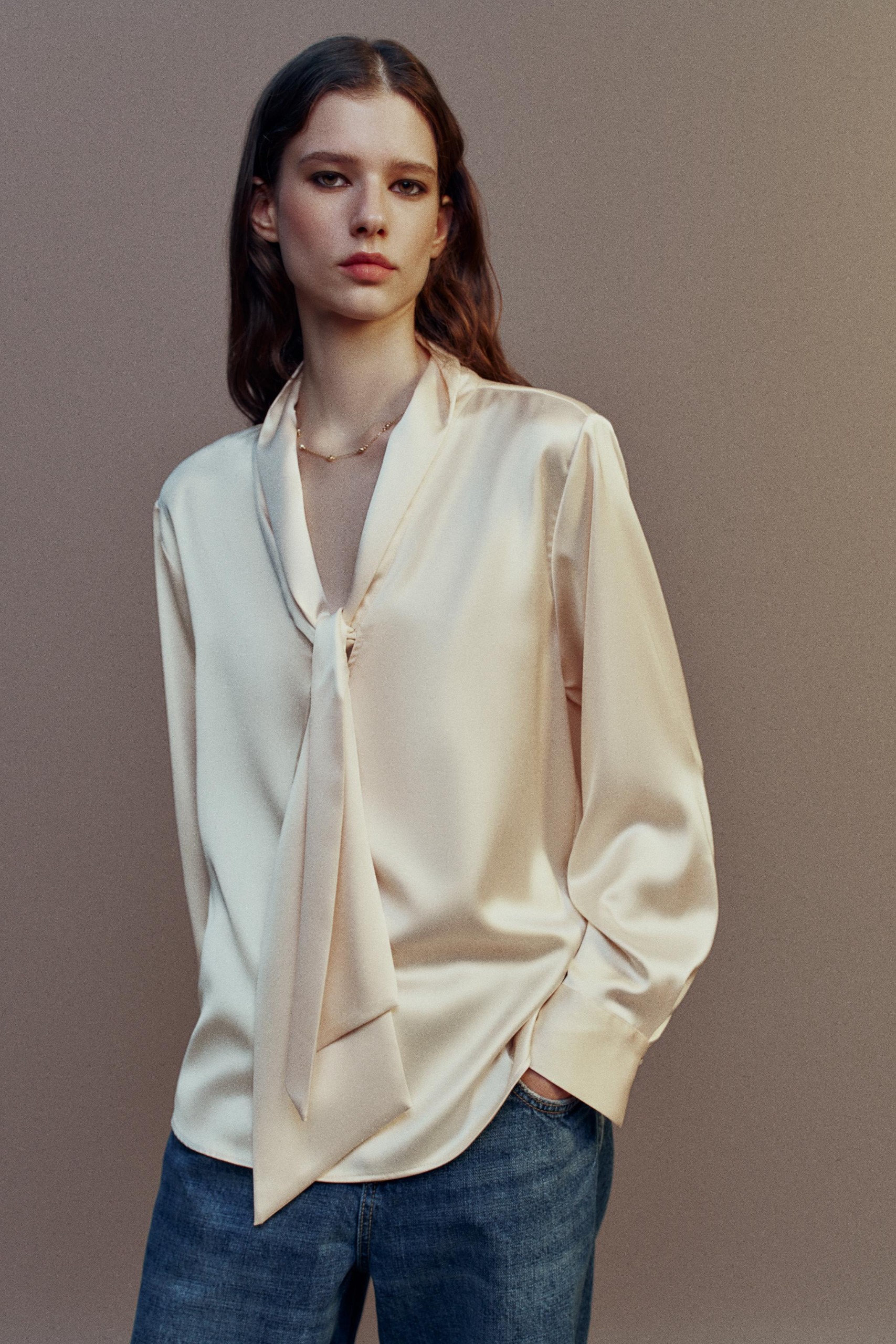 Satin Scarf Blouse - Oyster-White - Xs