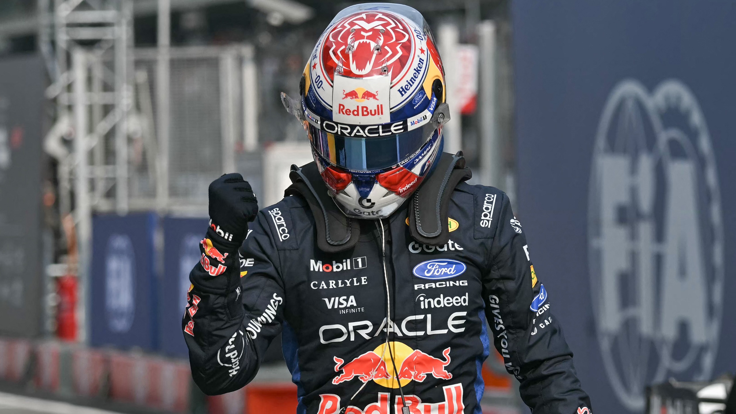 Red Bull Racing's Dutch driver Max Verstappen gestures after finishing in pole position during the qualifying session of the Formula One Bahrain Grand Prix in Sepang