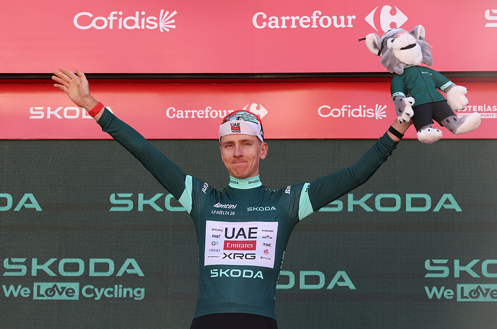 ANDORRA LA VELLA, ANDORRA - AUGUST 25: Tadej Pogacar of Slovenia and UAE Team Emirates XRG celebrates at podium as Green points jersey winner during the La Vuelta - 81st Tour of Spain 2026, Stage 4 a 104.8km from Andorra la Vella to Andorra la Vella / #UCIWT / on August 25, 2026 in Andorra la Vella, Andorra. (Photo by Alexander Hassenstein/Getty Images)