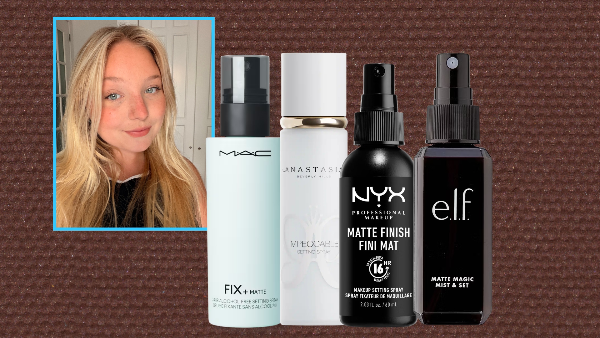 girl with blonde hair taking a selfie next to an assortment of setting sprays