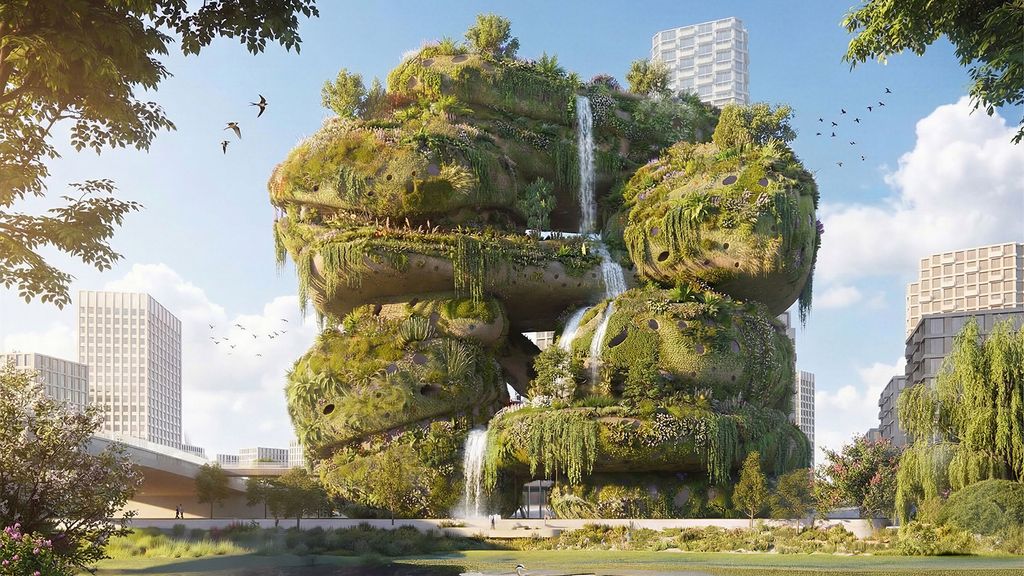 A render of a  futuristic building with a waterfall and greenery