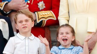 london, united kingdom june 08 embargoed for publication in uk newspapers until 24 hours after create date and time prince george of cambridge and princess charlotte of cambridge watch a flypast from the balcony of buckingham palace during trooping the colour, the queens annual birthday parade, on june 8, 2019 in london, england the annual ceremony involving over 1400 guardsmen and cavalry, is believed to have first been performed during the reign of king charles ii the parade marks the official birthday of the sovereign, although the queens actual birthday is on april 21st photo by max mumbyindigogetty images
