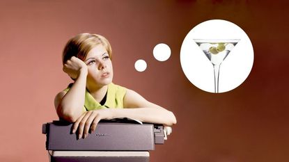 Blond lady daydreaming about alcohol (martini with olives)