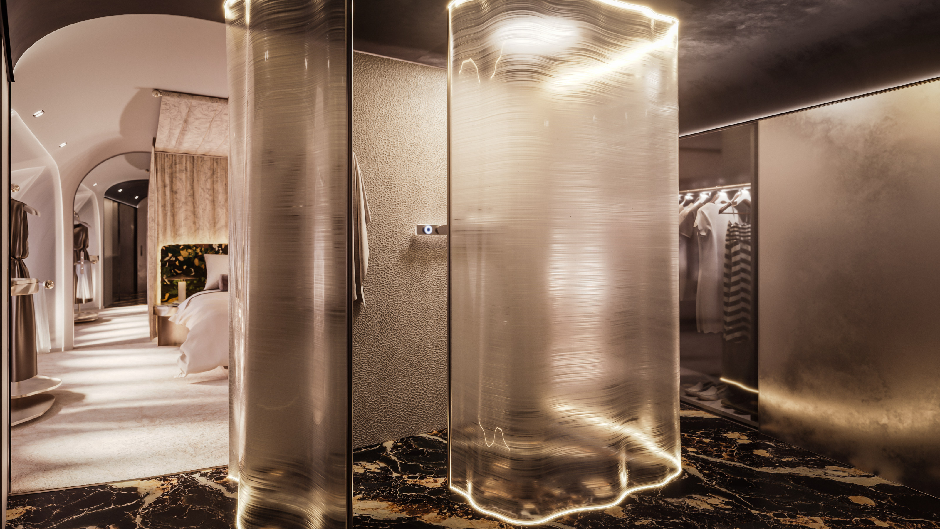 The bathroom features a shower screen of rippling glass