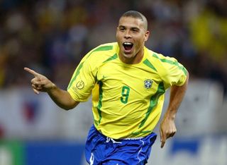 Ronaldo celebrates a goal for Brazil at the 2002 World Cup.