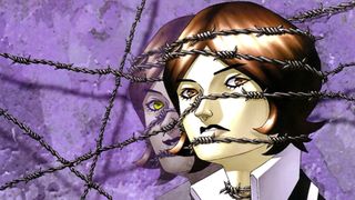 Persona 2: Innocent Sin artwork showing a teenage boy with short brown hair, his face wrapped in wired fencing