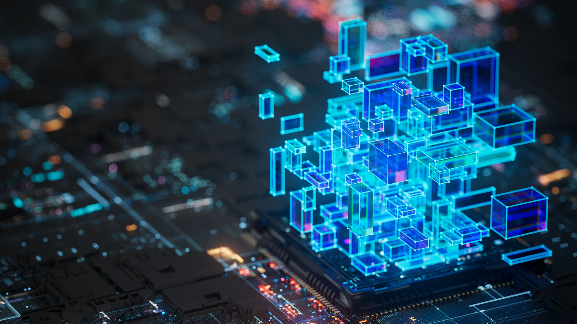 Stylized image of a chip with rendered building blocks on top