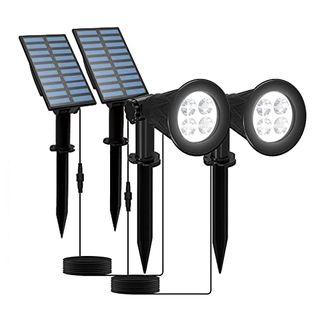 Solar Powered LED Spotlight, T-Sunus 2 in 1 Installation with Separate Panel and Light, IP65 Waterproof Outdoor Security Lighting for Patio, Yard, Garden, Driveway, Stairs (2 Pack, White, 6000K)