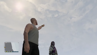 A GTA Player points theatrically to the sky