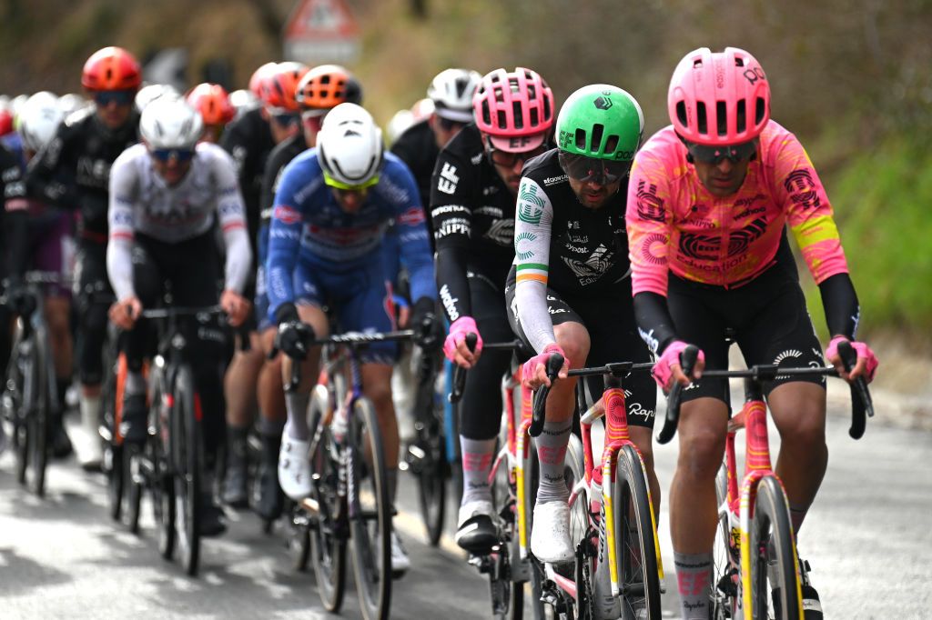 GUALDO TADINO ITALY MARCH 06 Ben Healy of Ireland and Team EF EducationEasypost competes during the 59th TirrenoAdriatico 2024 Stage 3 a 225km stage from Volterra to Gualdo Tadino 527m UCIWT on March 06 2024 in Gualdo Tadino Italy Photo by Tim de WaeleGetty Images