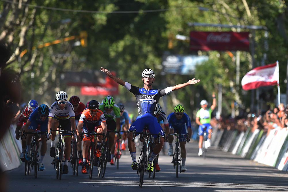 Fernando Gaviria celebrates winning stage 2 at the Tour de San Luis.