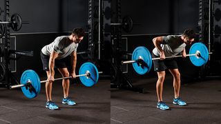 Man demonstrates two positions of the bent-over row exercise with a barbell