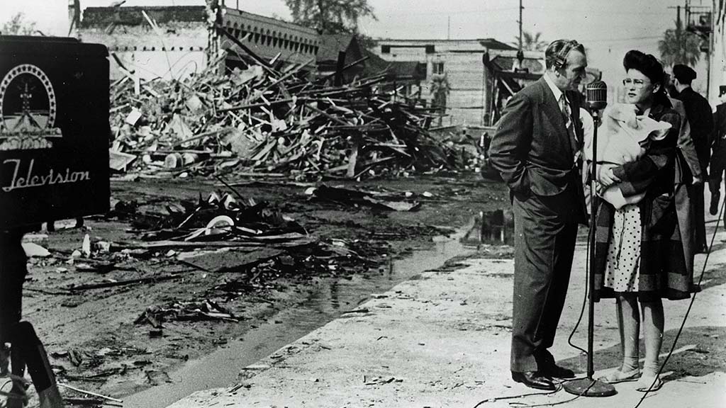 On Feb. 20, 1947, a massive explosion leveled a Los Angeles electroplating plant. The blast, which killed 17 people and destroyed a number of nearby buildings, occurred less than a month after W6XYZ had been commercially relicensed as KTLA. The station provided on-the-scene coverage of the aftermath.