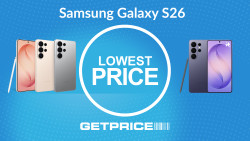 Blue background with white writing that says Samsung Galaxy S26 pre order deals with pictures of the phones next to it