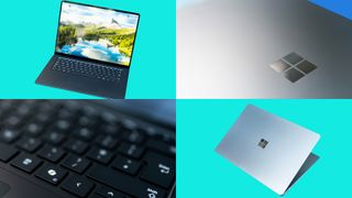 Detail shots of the Microsoft Surface Laptop 7 on a colourful background