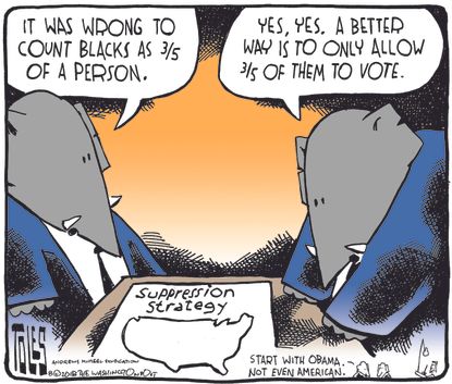 Political cartoon U.S. GOP suppression strategy african americans ⅗ compromise