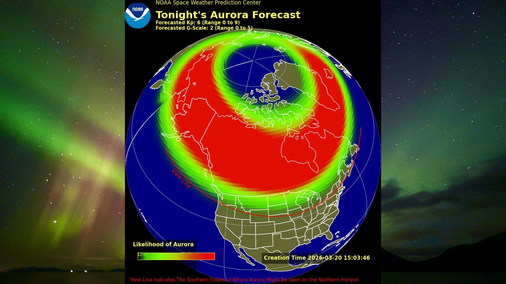 noaa aurora viewline map showing possible northern lights visibility across 18 us states from alaska to illinois. in the background is a curtain of green light shining over water as the northern lights dance in the sky.