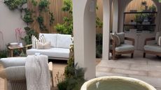 An outdoor space at the Chelsea Flower Show featuring Mediterranean garden design
