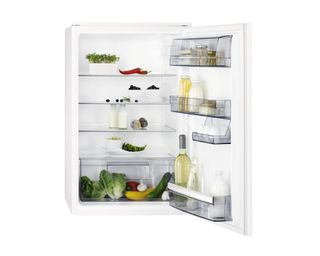 the AEG SKE6881VAS Integrated Upright Fridge open with food and drink inside it